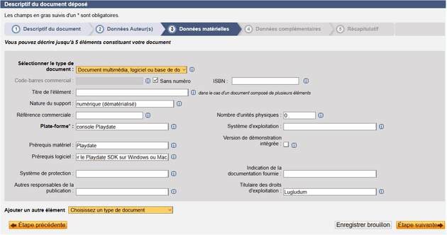 Dépot légal BNF : Données matériels
