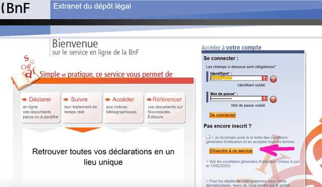 Page d'accueil de l'extranet du dépôt légal de la BNF