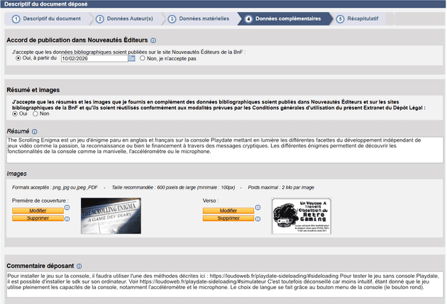 Dépot légal BNF : Données complémentaires